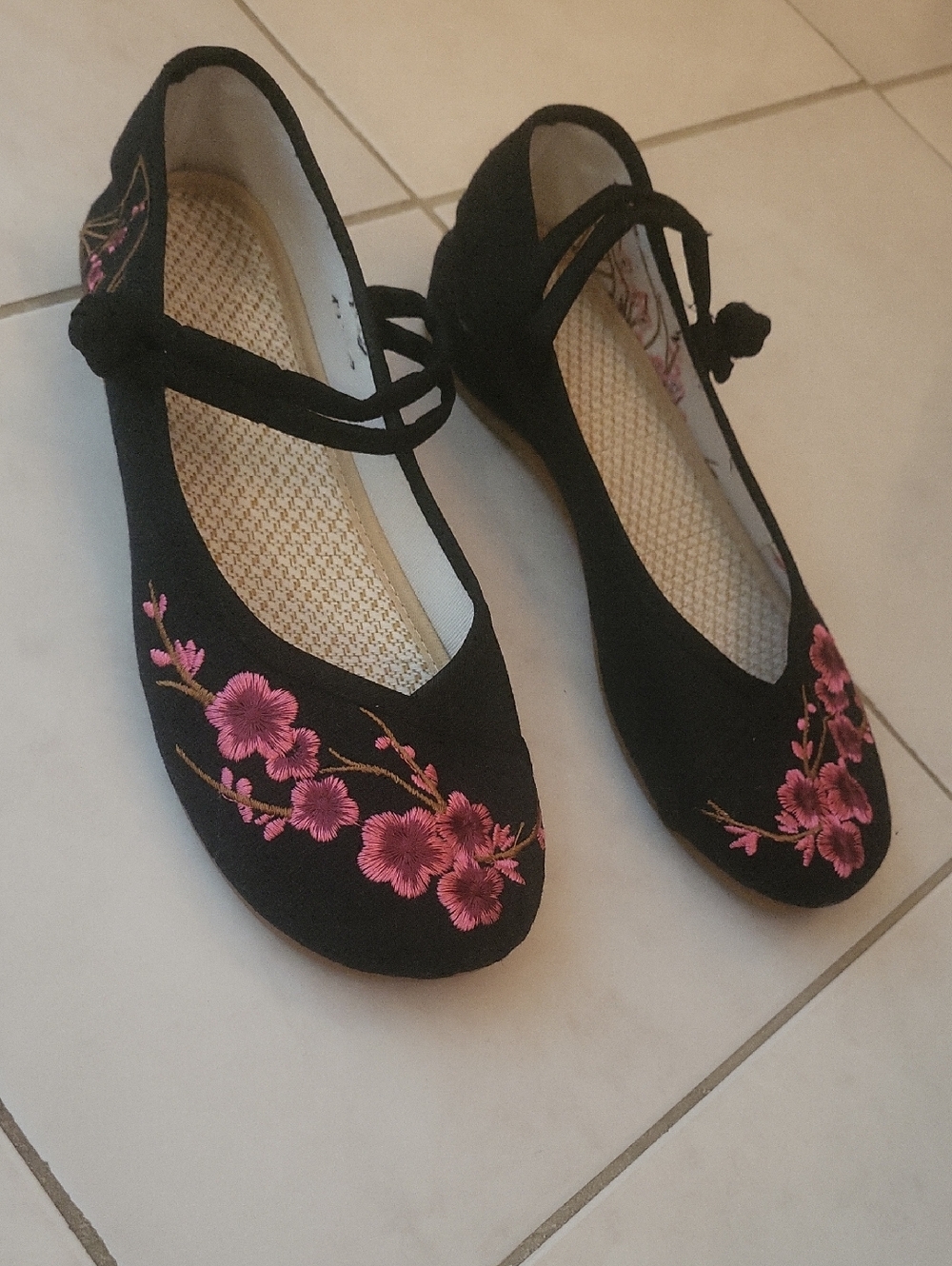 Black Floral Embroidered Mary Jane Flats - Pink Blossom Detail